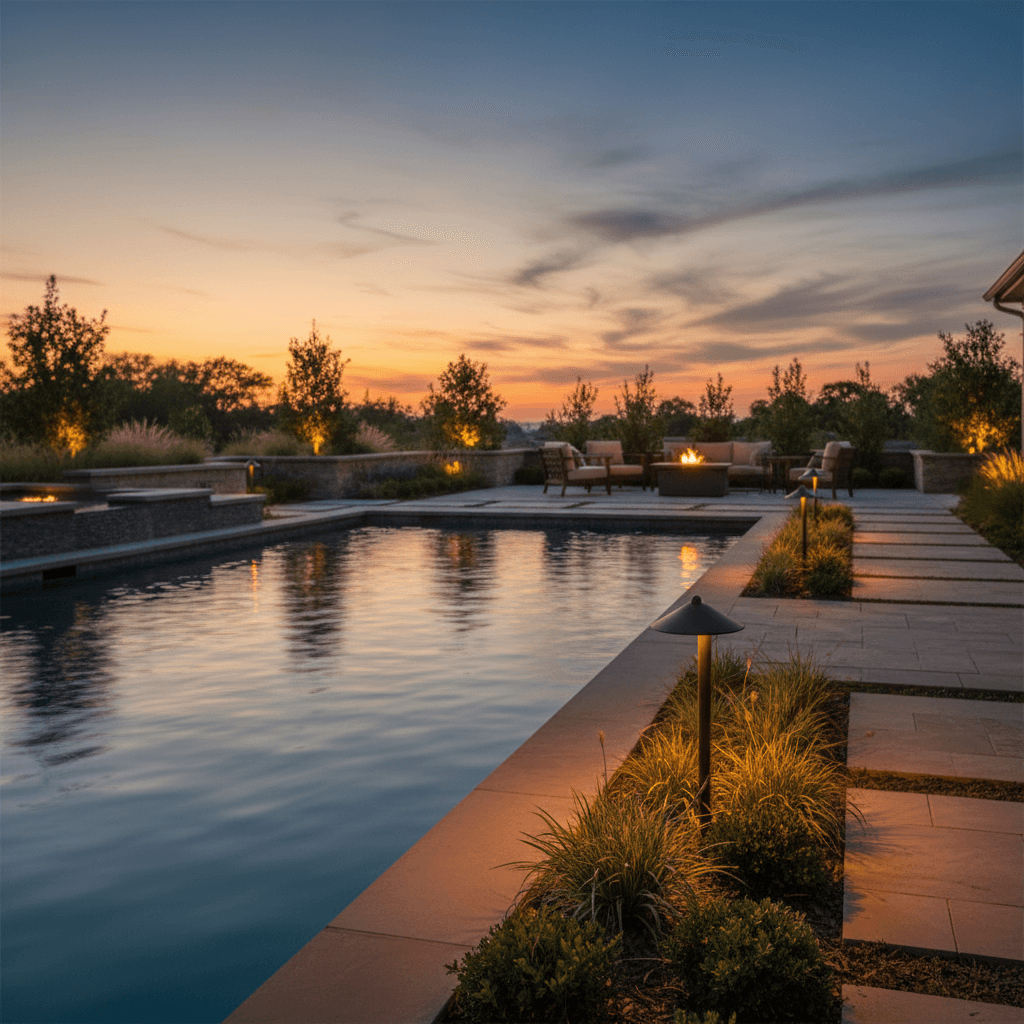 Pool with professional outdoor lighting at dusk