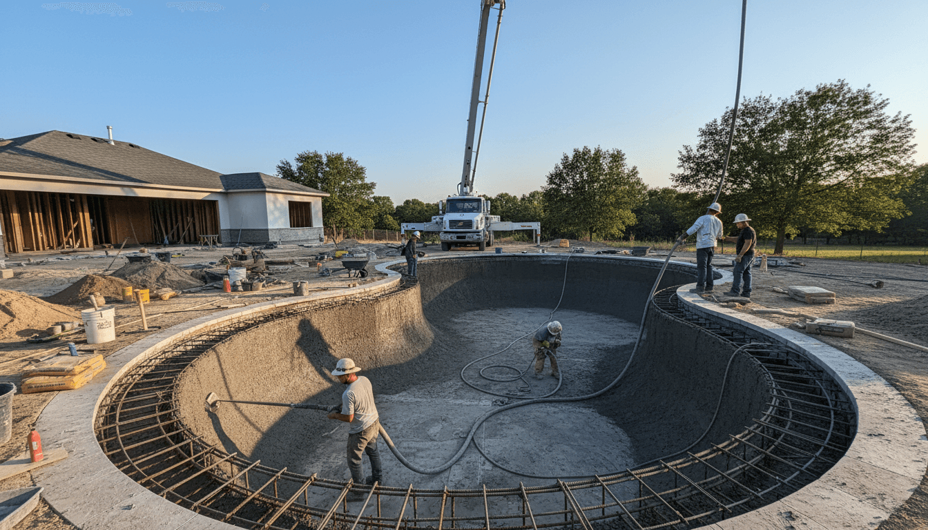 Gunite pool under construction, showing building process and framework.