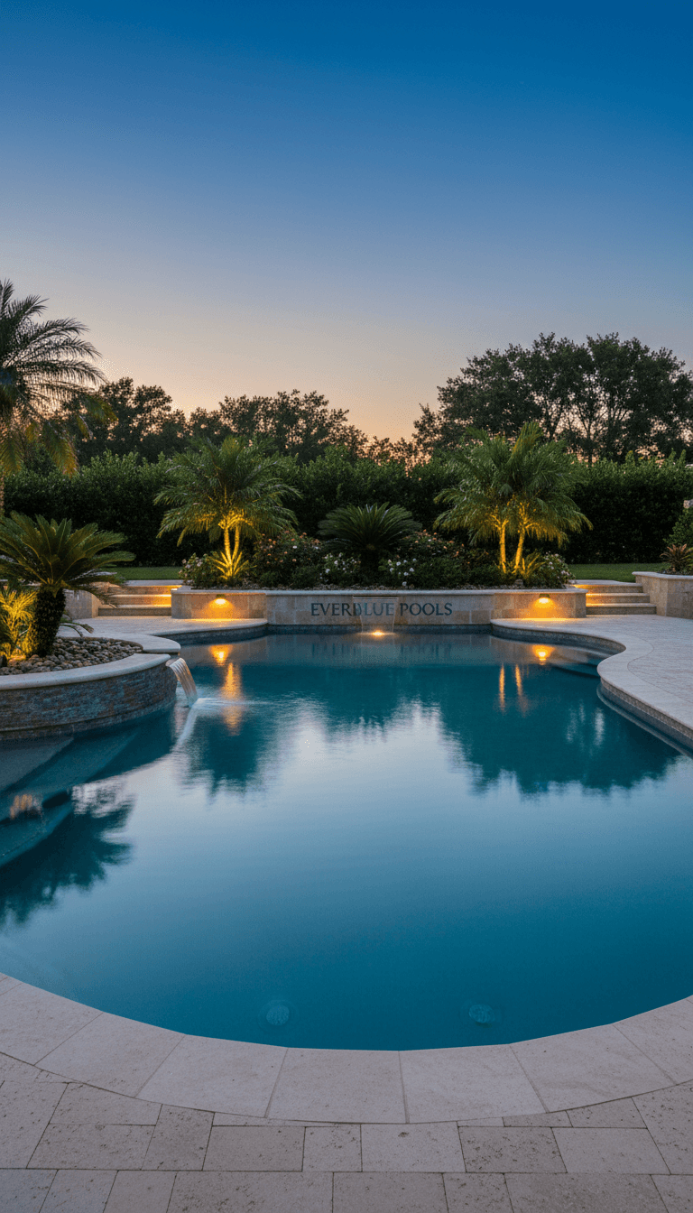 Completed pool with outdoor lighting at dusk