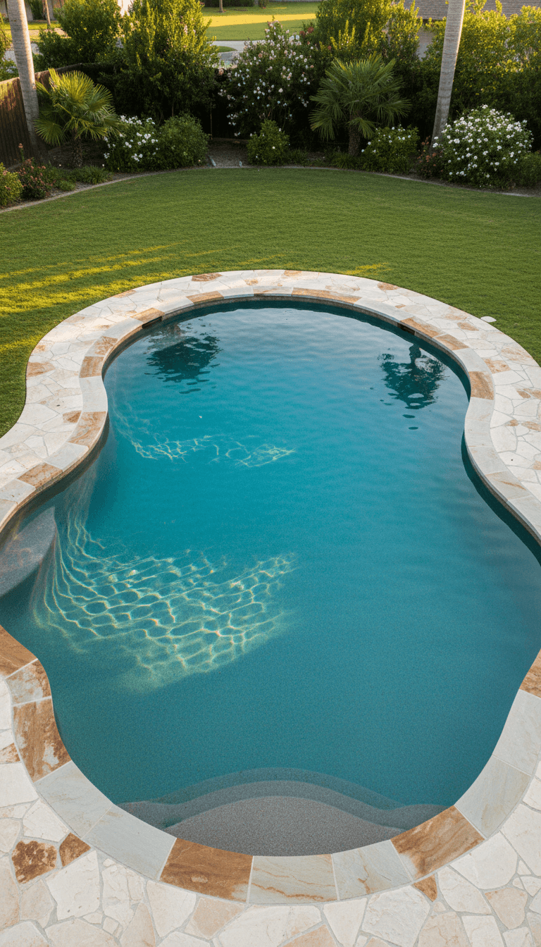 Finished custom gunite pool with clear water and new landscaping