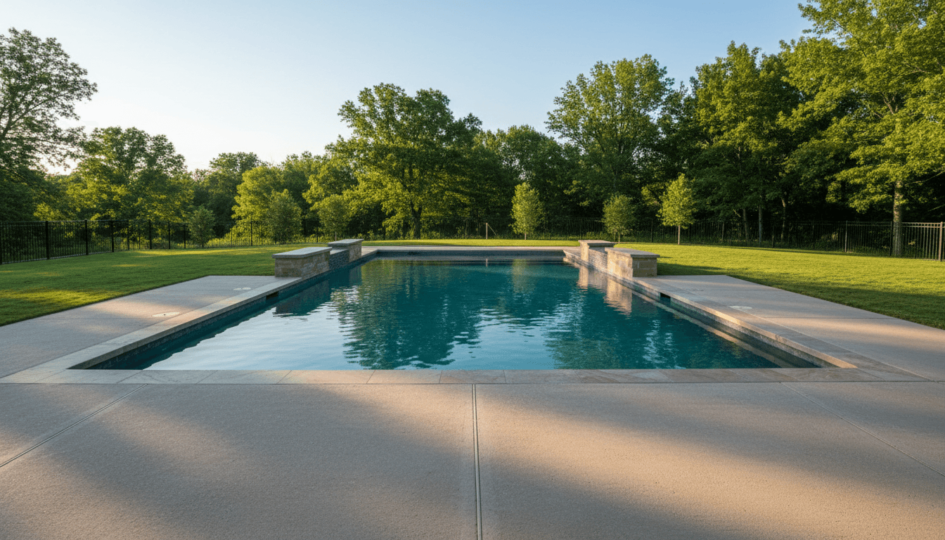 Completed gunite pool in Tulsa backyard with freshly graded landscape and new sod installation