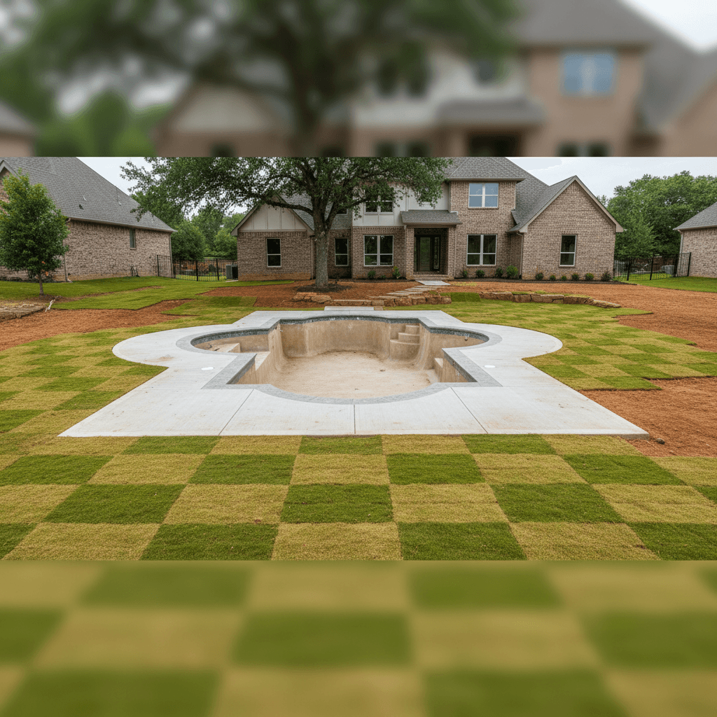 Wide view of complete pool project with grading, concrete, and landscaping installed