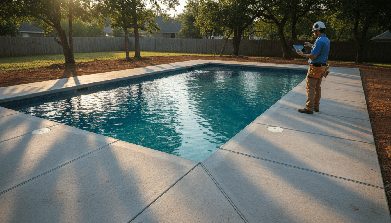Completed gunite pool in Tulsa with clear water and finished decking