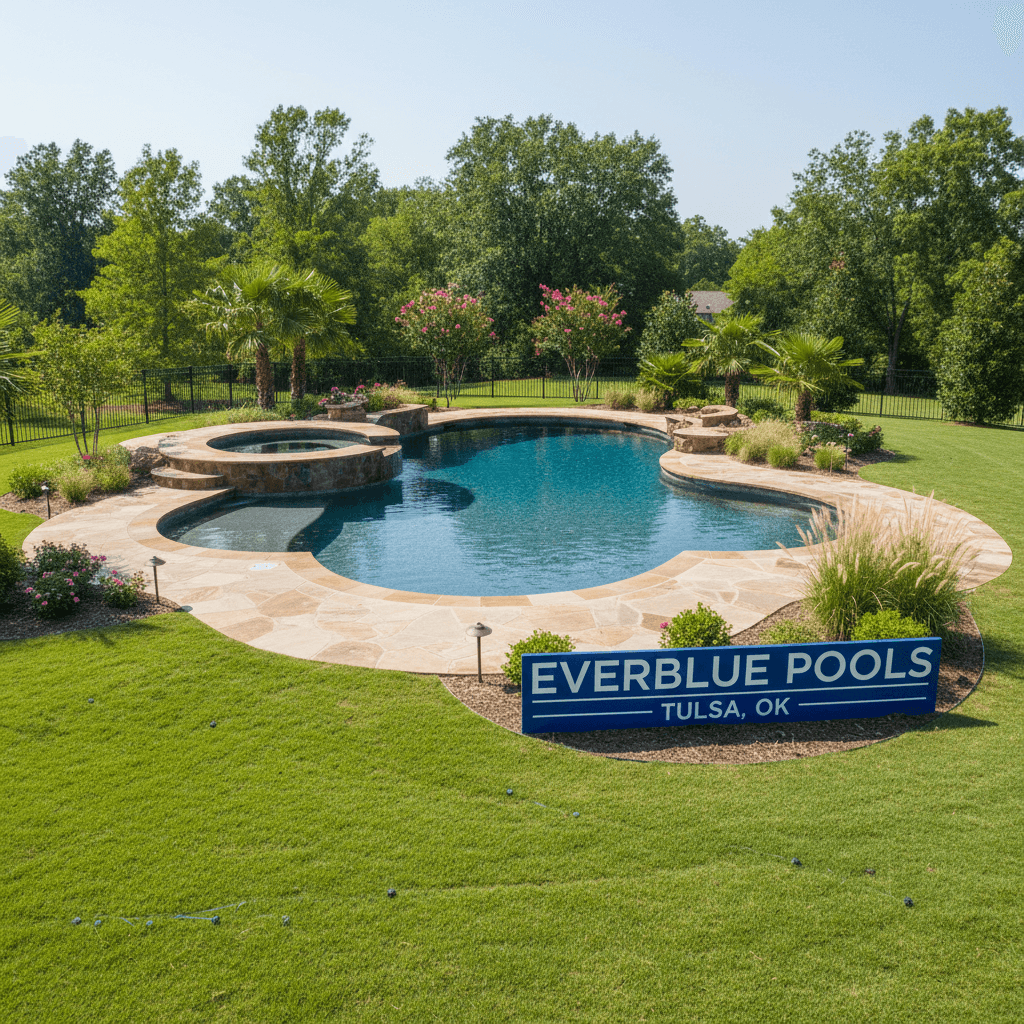 Full backyard pool project overview with landscaping