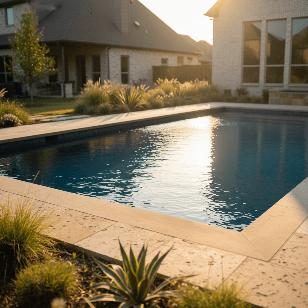 Finished custom gunite pool with stone decking in Tulsa