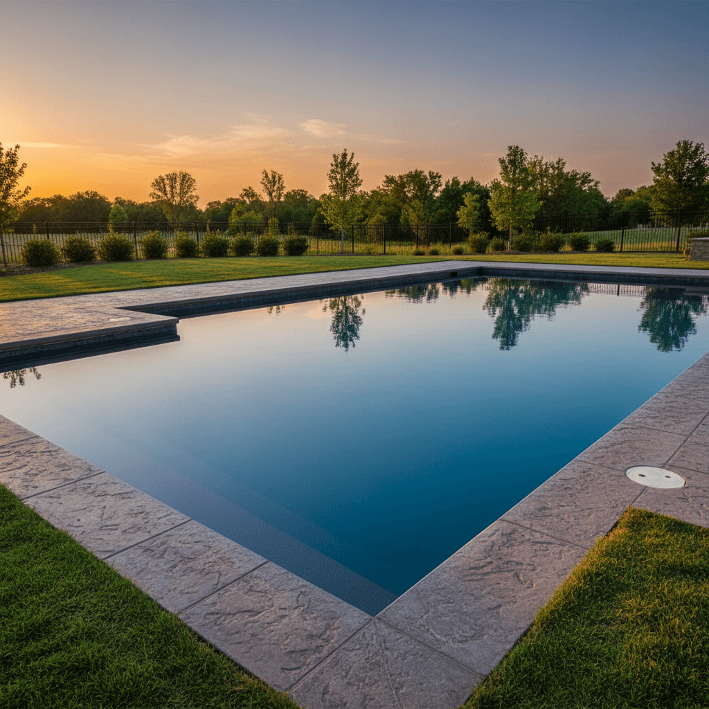 Completed gunite pool with clear water and new sod in Tulsa backyard