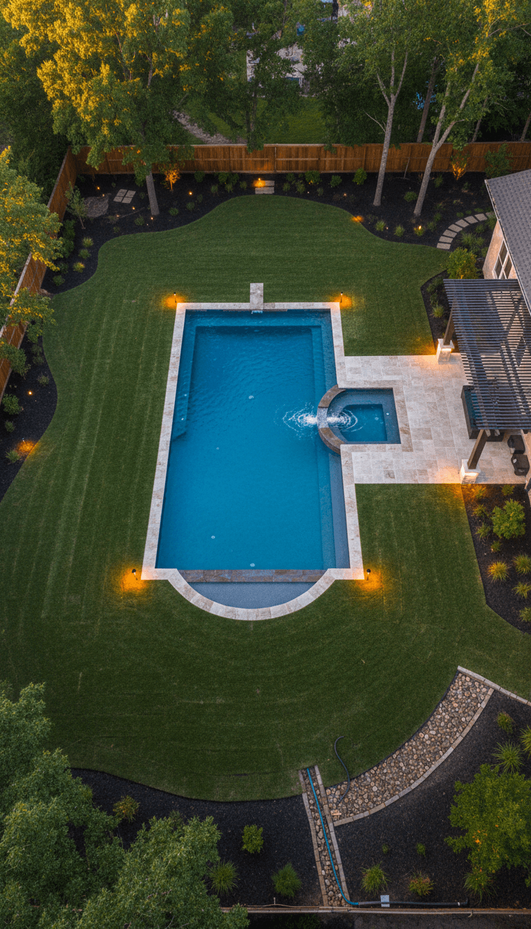 Overhead view of completed pool project with full landscape integration