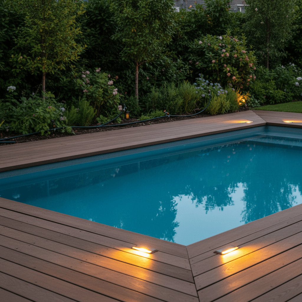 Completed pool with professional outdoor lighting and integrated irrigation in evening light