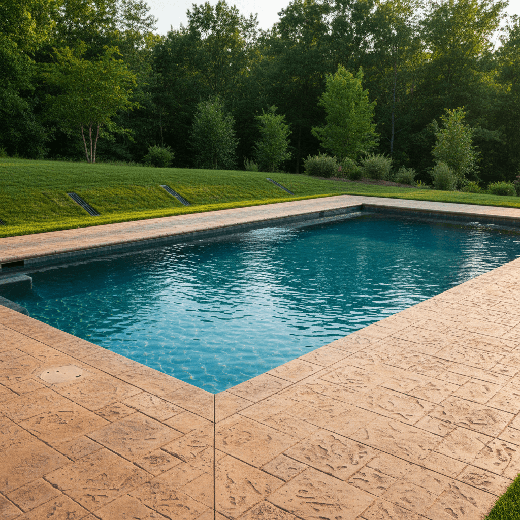 Integrated pool project showing completed sod, decking, and landscape grading