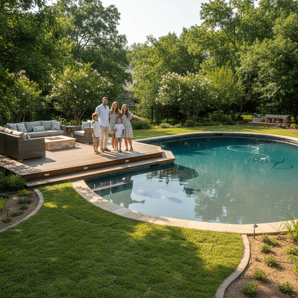 Completed pool with landscaping and outdoor lighting