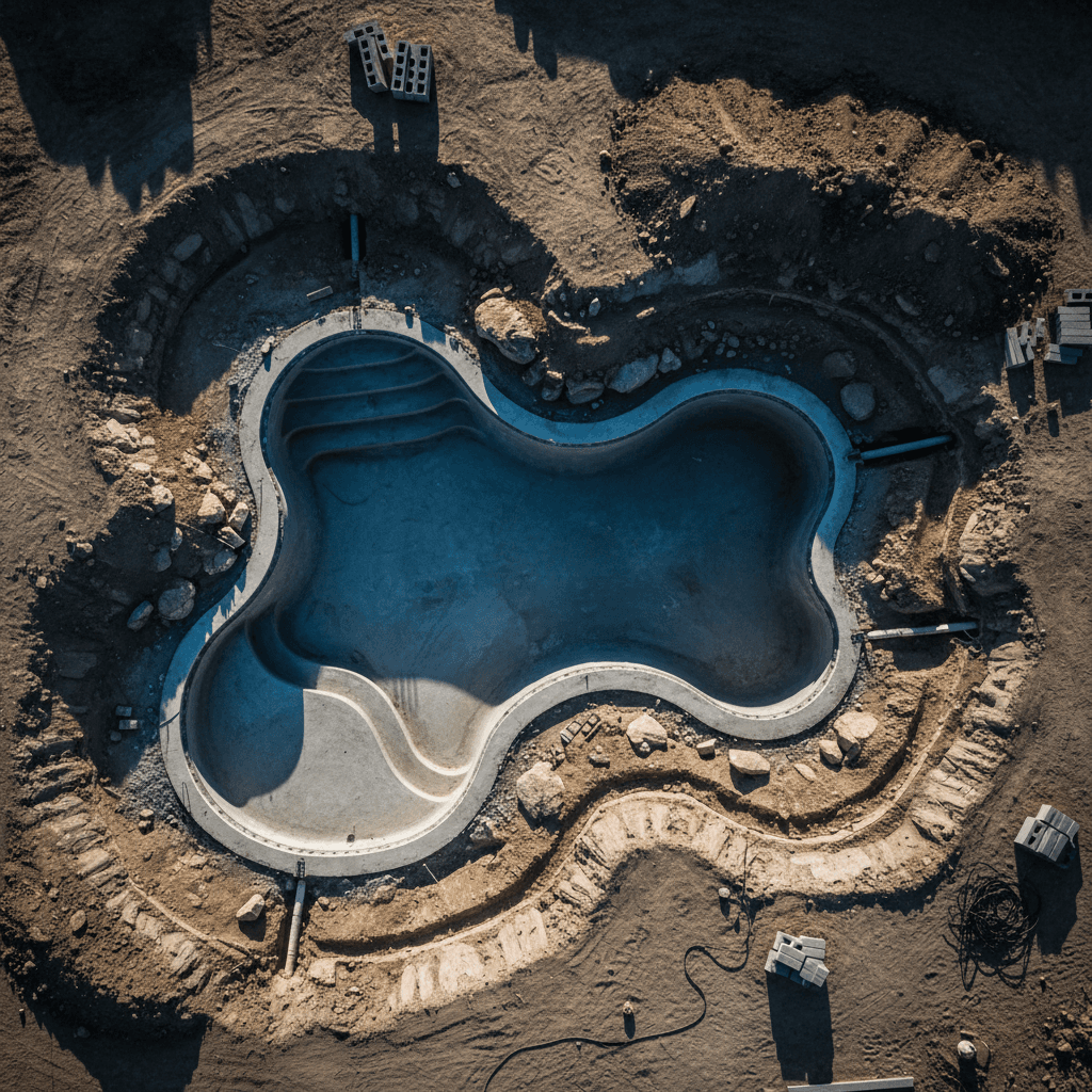Overhead view of curved gunite pool showing finish details and grading work
