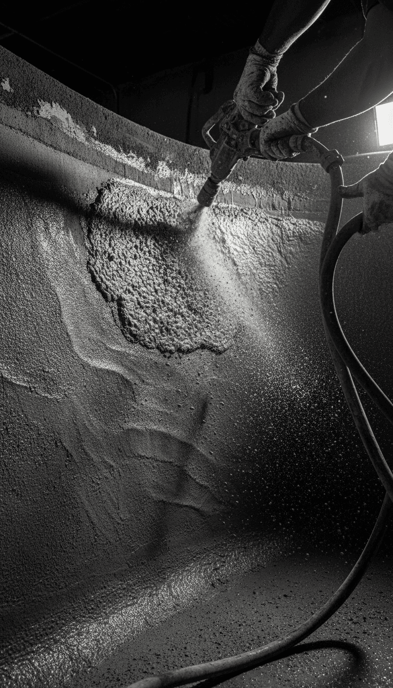 Gunite spray application showing pool construction process