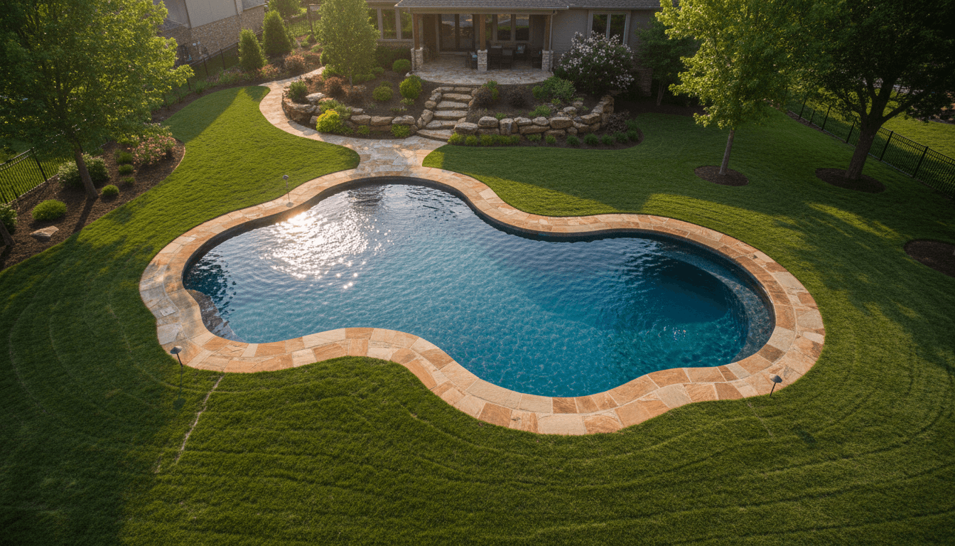 Finished custom gunite pool with stone decking and landscaping in Tulsa backyard